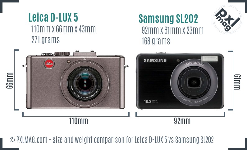 Leica D-LUX 5 vs Samsung SL202 size comparison