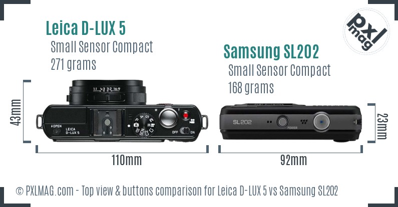 Leica D-LUX 5 vs Samsung SL202 top view buttons comparison