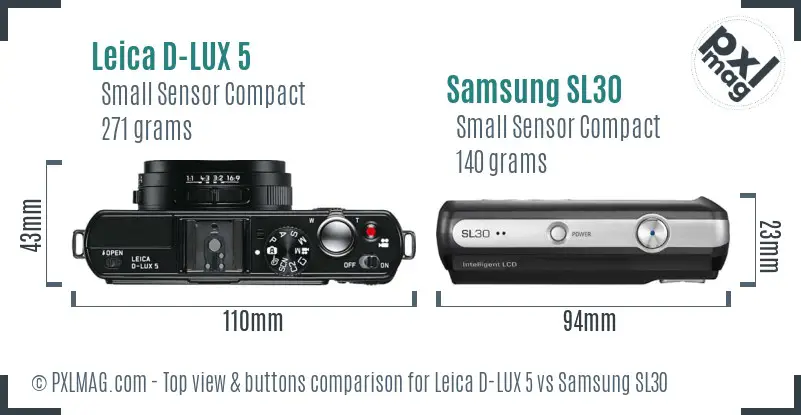 Leica D-LUX 5 vs Samsung SL30 top view buttons comparison Leica D-LUX 5 vs Samsung SL30 top view buttons comparison