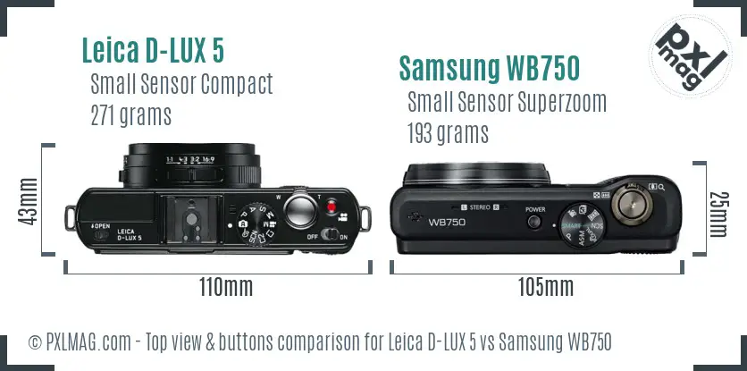 Leica D-LUX 5 vs Samsung WB750 top view buttons comparison Leica D-LUX 5 vs Samsung WB750 top view buttons comparison