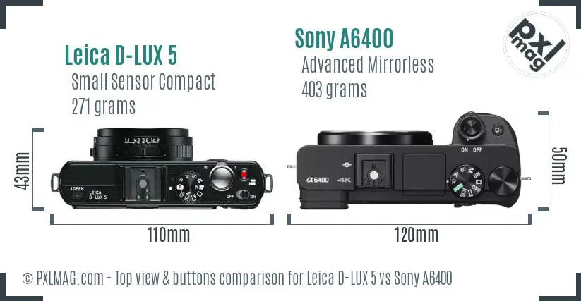 Leica D-LUX 5 vs Sony A6400 top view buttons comparison