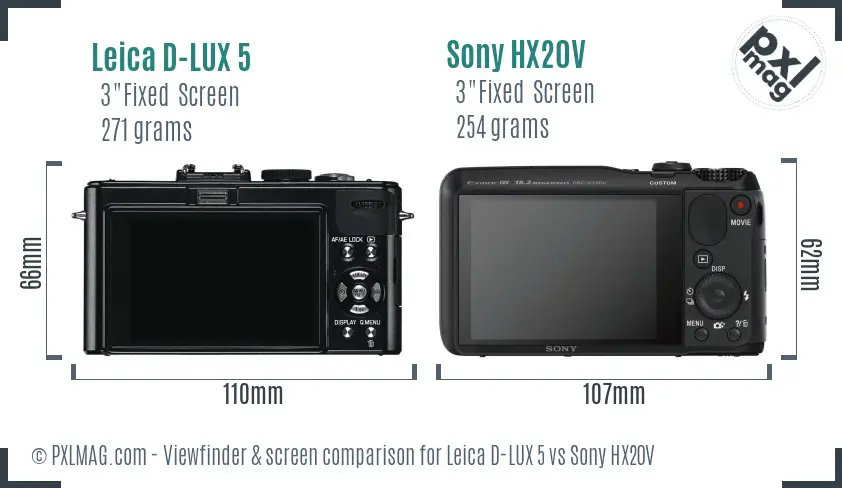 Leica D-LUX 5 vs Sony HX20V Screen and Viewfinder comparison