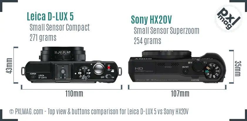Leica D-LUX 5 vs Sony HX20V top view buttons comparison