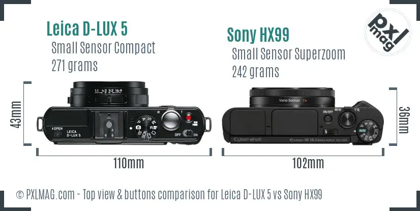 Leica D-LUX 5 vs Sony HX99 top view buttons comparison Leica D-LUX 5 vs Sony HX99 top view buttons comparison