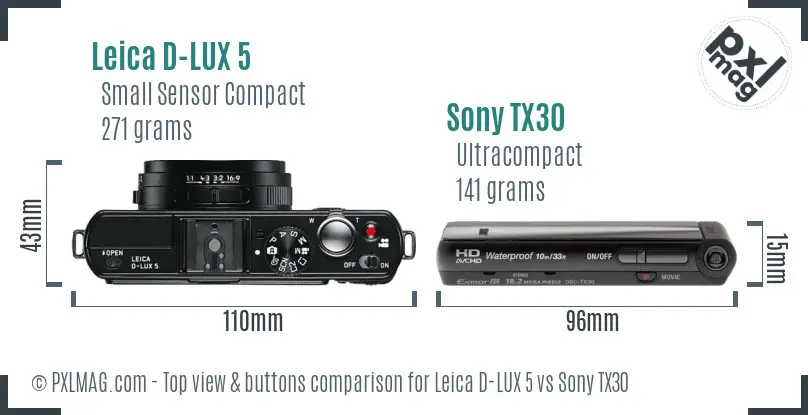 Leica D-LUX 5 vs Sony TX30 top view buttons comparison