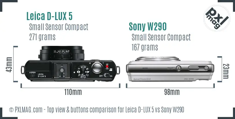 Leica D-LUX 5 vs Sony W290 top view buttons comparison Leica D-LUX 5 vs Sony W290 top view buttons comparison