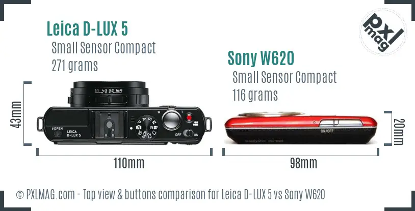 Leica D-LUX 5 vs Sony W620 top view buttons comparison Leica D-LUX 5 vs Sony W620 top view buttons comparison