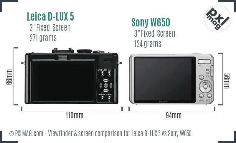 Leica D-LUX 5 vs Sony W650 Screen and Viewfinder comparison