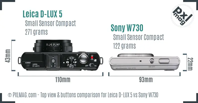 Leica D-LUX 5 vs Sony W730 top view buttons comparison