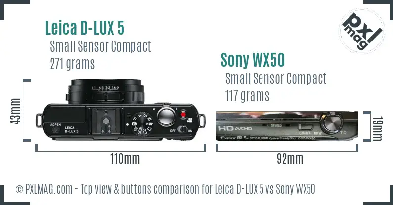 Leica D-LUX 5 vs Sony WX50 top view buttons comparison