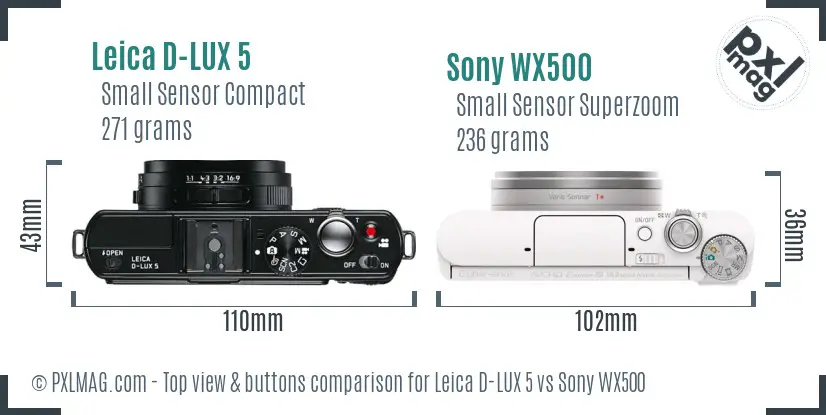 Leica D-LUX 5 vs Sony WX500 top view buttons comparison Leica D-LUX 5 vs Sony WX500 top view buttons comparison
