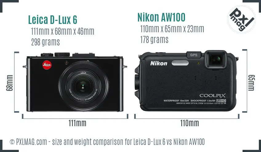 Leica D-Lux 6 vs Nikon AW100 size comparison