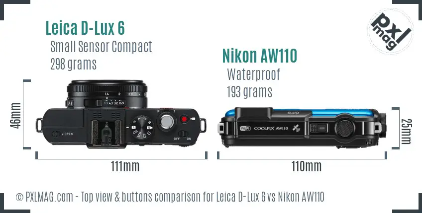 Leica D-Lux 6 vs Nikon AW110 top view buttons comparison Leica D-Lux 6 vs Nikon AW110 top view buttons comparison
