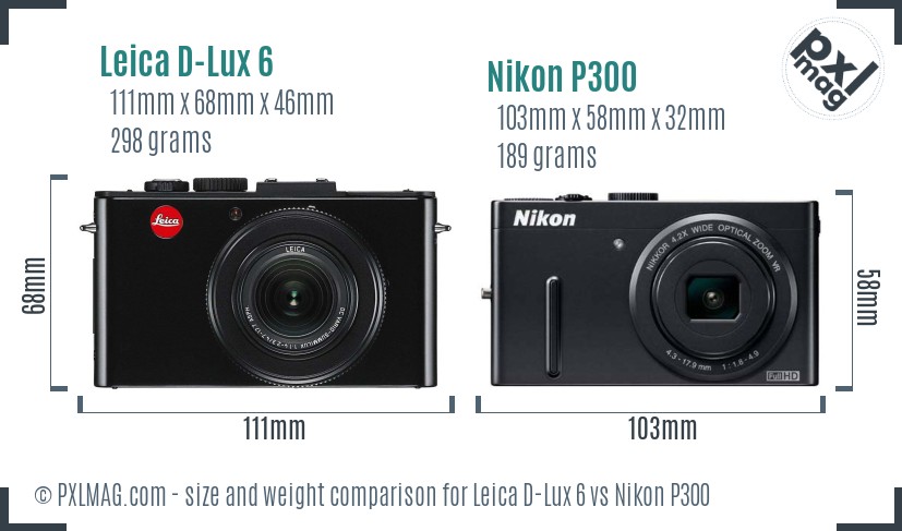 Leica D-Lux 6 vs Nikon P300 size comparison