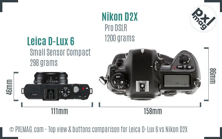 Leica D-Lux 6 vs Nikon D2X top view buttons comparison