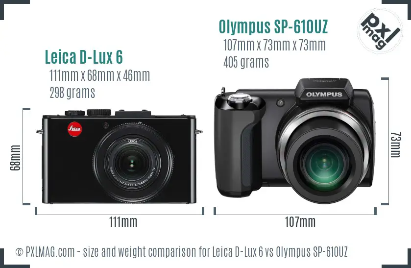 Leica D-Lux 6 vs Olympus SP-610UZ size comparison Leica D-Lux 6 vs Olympus SP-610UZ size comparison