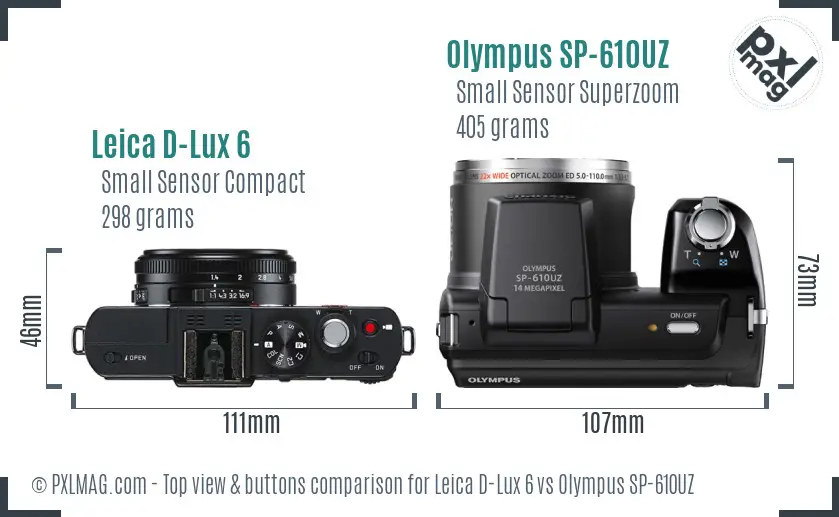 Leica D-Lux 6 vs Olympus SP-610UZ top view buttons comparison Leica D-Lux 6 vs Olympus SP-610UZ top view buttons comparison