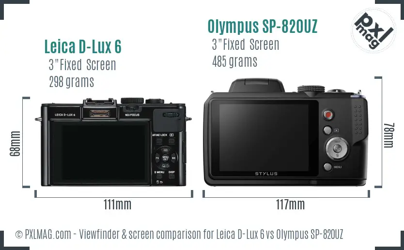 Leica D-Lux 6 vs Olympus SP-820UZ Screen and Viewfinder comparison