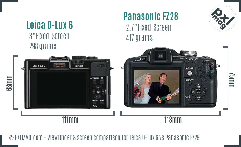 Leica D-Lux 6 vs Panasonic FZ28 Screen and Viewfinder comparison