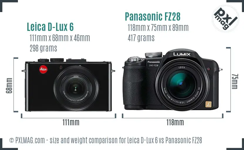 Leica D-Lux 6 vs Panasonic FZ28 size comparison