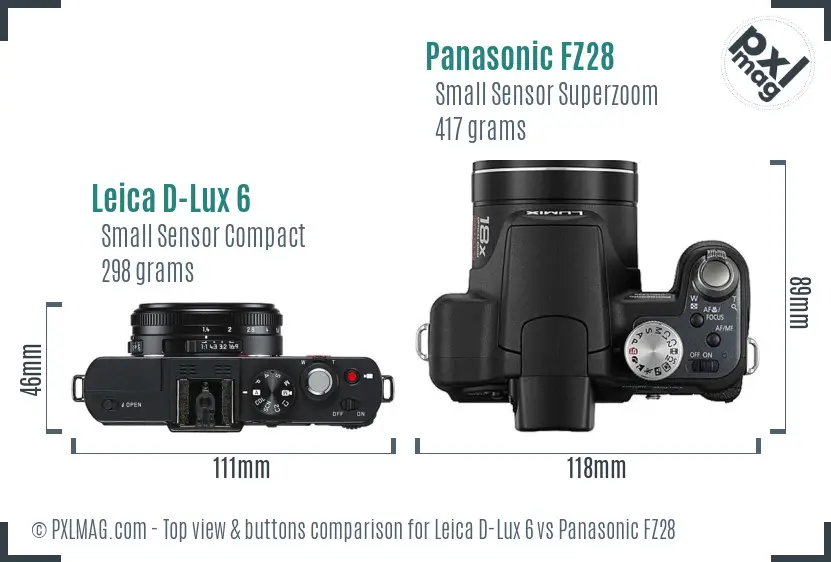 Leica D-Lux 6 vs Panasonic FZ28 top view buttons comparison