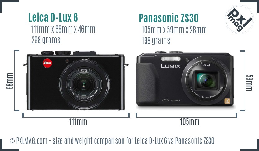Leica D-Lux 6 vs Panasonic ZS30 size comparison