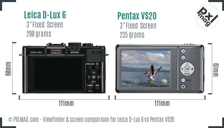 Leica D-Lux 6 vs Pentax VS20 Screen and Viewfinder comparison