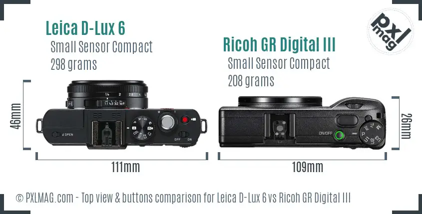 Leica D-Lux 6 vs Ricoh GR Digital III top view buttons comparison