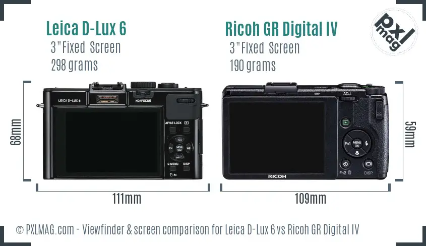Leica D-Lux 6 vs Ricoh GR Digital IV Screen and Viewfinder comparison