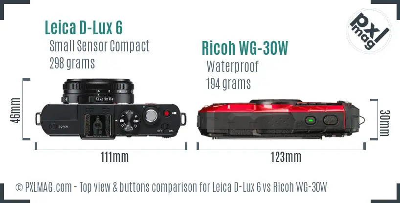 Leica D-Lux 6 vs Ricoh WG-30W top view buttons comparison Leica D-Lux 6 vs Ricoh WG-30W top view buttons comparison