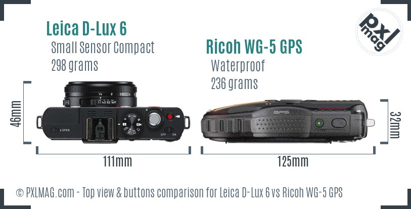 Leica D-Lux 6 vs Ricoh WG-5 GPS top view buttons comparison