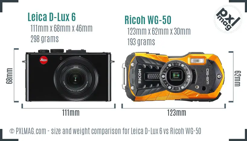 Leica D-Lux 6 vs Ricoh WG-50 size comparison