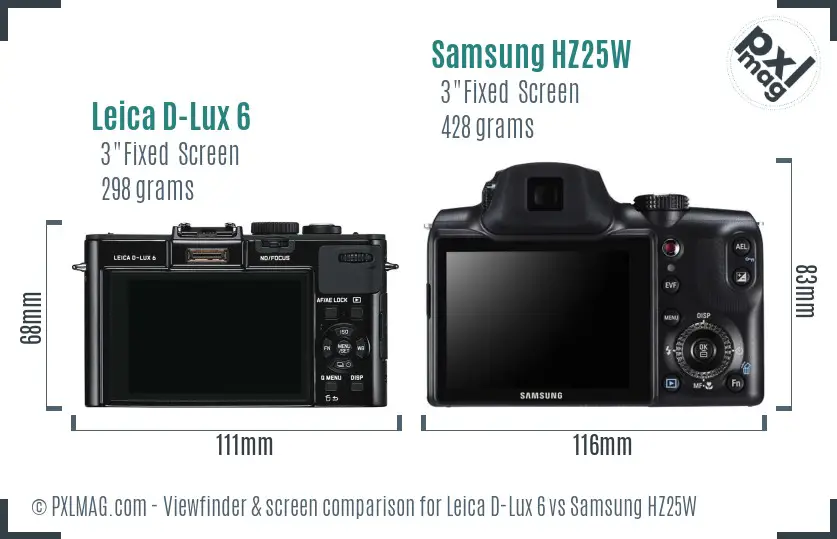 Leica D-Lux 6 vs Samsung HZ25W Screen and Viewfinder comparison