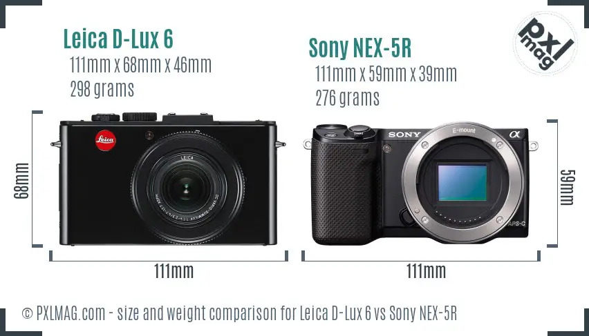 Leica D-Lux 6 vs Sony NEX-5R size comparison