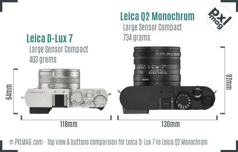 Leica D-Lux 7 vs Leica Q2 Monochrom top view buttons comparison