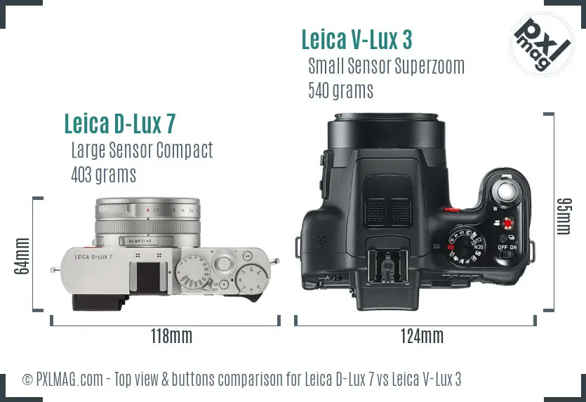 Leica D-Lux 7 vs Leica V-Lux 3 top view buttons comparison Leica D-Lux 7 vs Leica V-Lux 3 top view buttons comparison