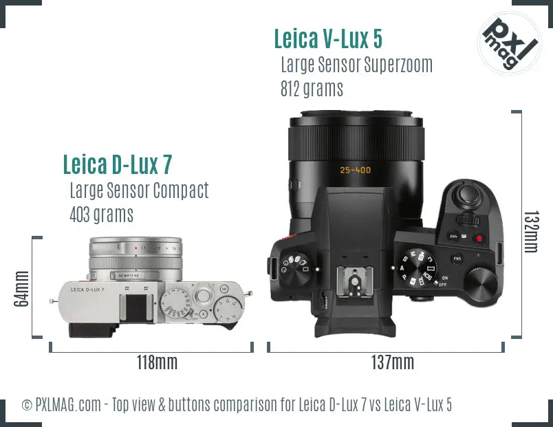 Leica D-Lux 7 vs Leica V-Lux 5 top view buttons comparison Leica D-Lux 7 vs Leica V-Lux 5 top view buttons comparison