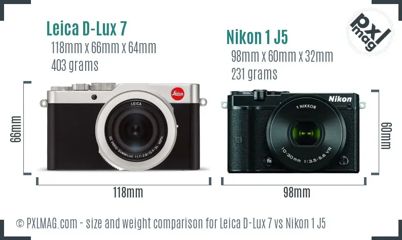 Leica D-Lux 7 vs Nikon 1 J5 size comparison