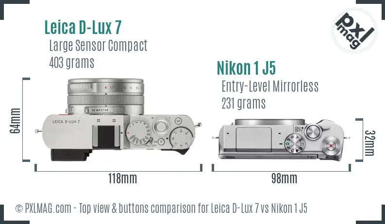 Leica D-Lux 7 vs Nikon 1 J5 top view buttons comparison