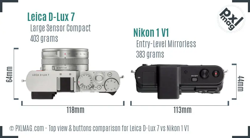 Leica D-Lux 7 vs Nikon 1 V1 top view buttons comparison Leica D-Lux 7 vs Nikon 1 V1 top view buttons comparison