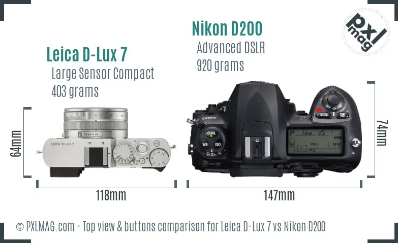 Leica D-Lux 7 vs Nikon D200 top view buttons comparison