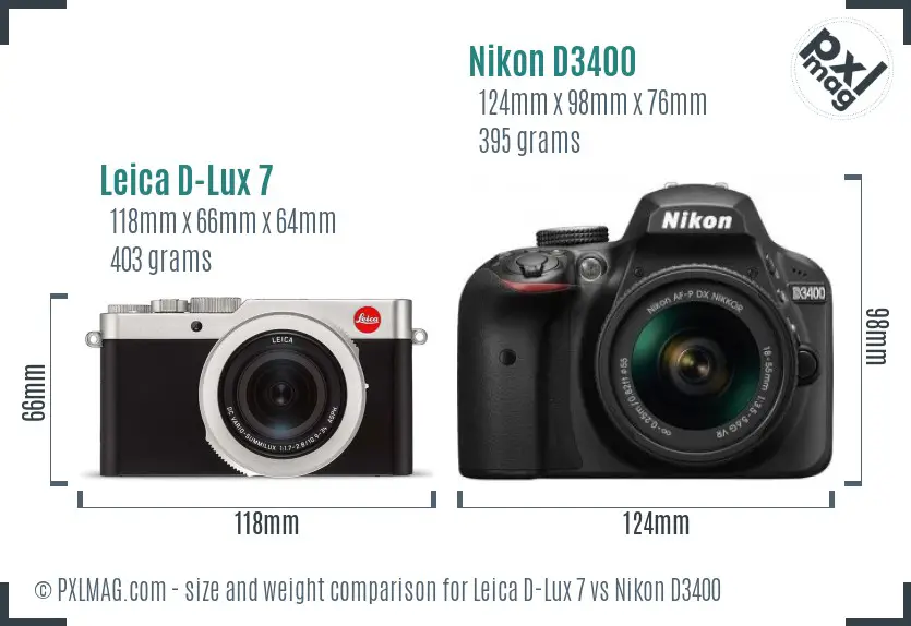 Leica D-Lux 7 vs Nikon D3400 size comparison