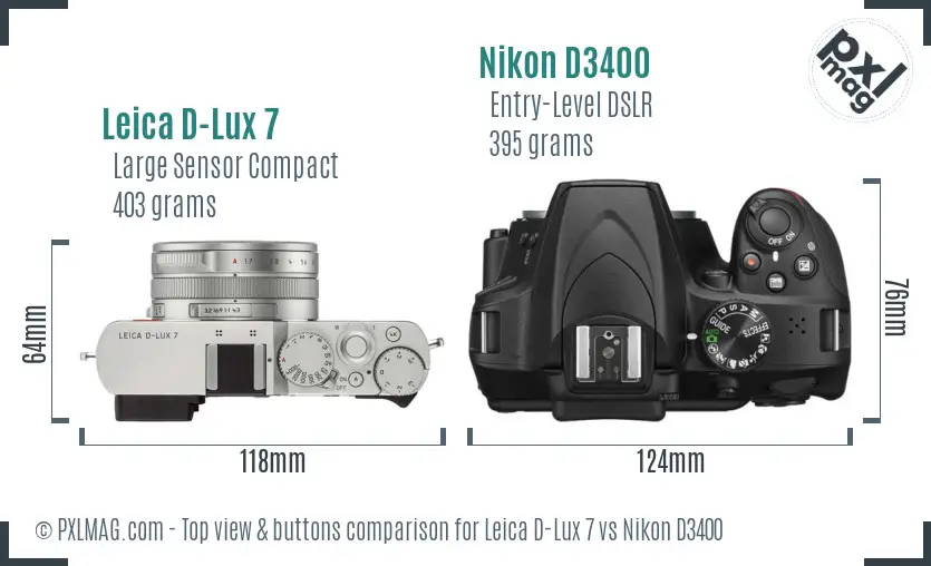 Leica D-Lux 7 vs Nikon D3400 top view buttons comparison