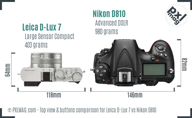 Leica D-Lux 7 vs Nikon D810 top view buttons comparison Leica D-Lux 7 vs Nikon D810 top view buttons comparison