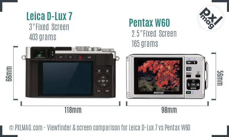 Leica D-Lux 7 vs Pentax W60 Screen and Viewfinder comparison