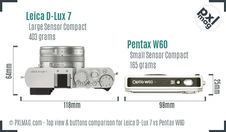 Leica D-Lux 7 vs Pentax W60 top view buttons comparison