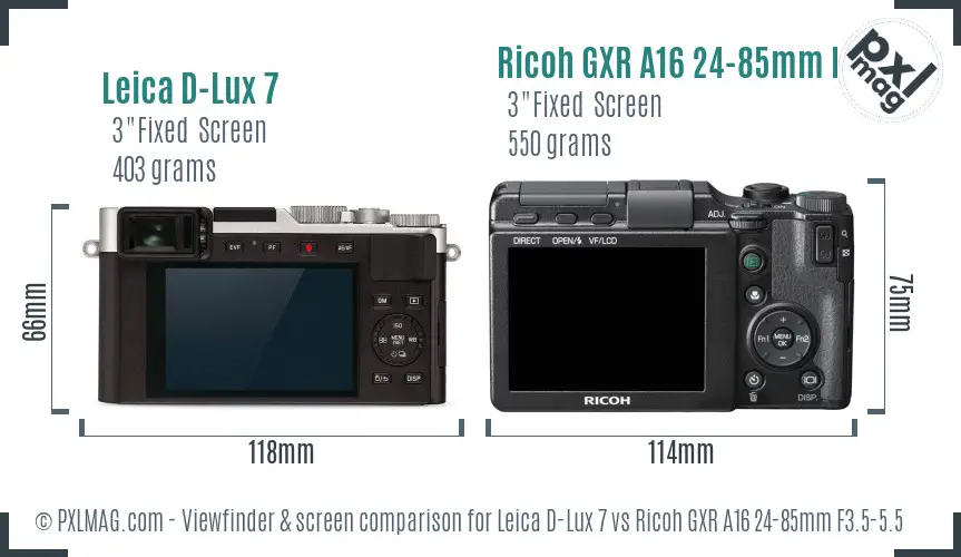 Leica D-Lux 7 vs Ricoh GXR A16 24-85mm F3.5-5.5 Screen and Viewfinder comparison
