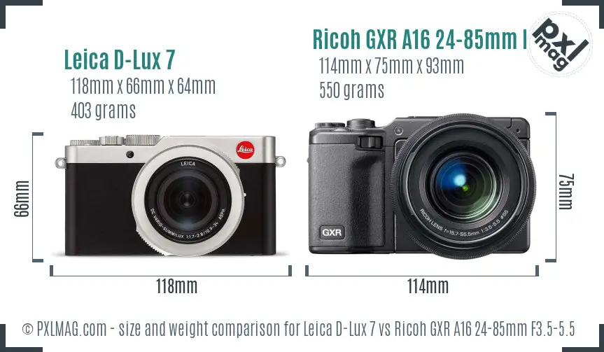 Leica D-Lux 7 vs Ricoh GXR A16 24-85mm F3.5-5.5 size comparison
