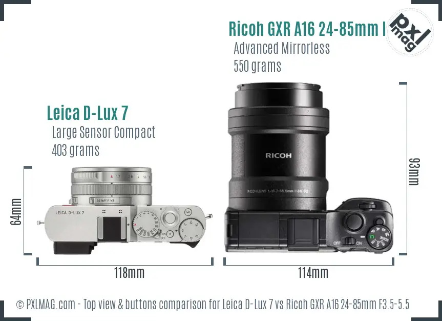 Leica D-Lux 7 vs Ricoh GXR A16 24-85mm F3.5-5.5 top view buttons comparison