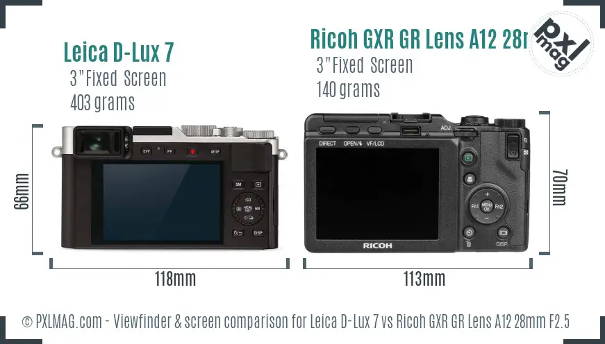 Leica D-Lux 7 vs Ricoh GXR GR Lens A12 28mm F2.5 Screen and Viewfinder comparison